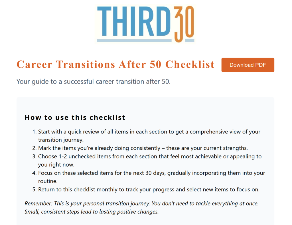 An image showing an example of one of the downloadable checklists to guide you on your Third30 career transition journey.